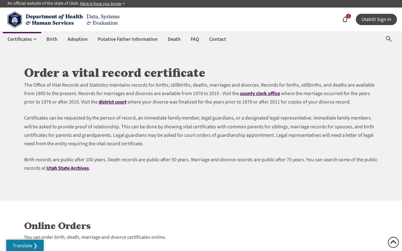 West Jordan people search Utah vital record certificate ordering